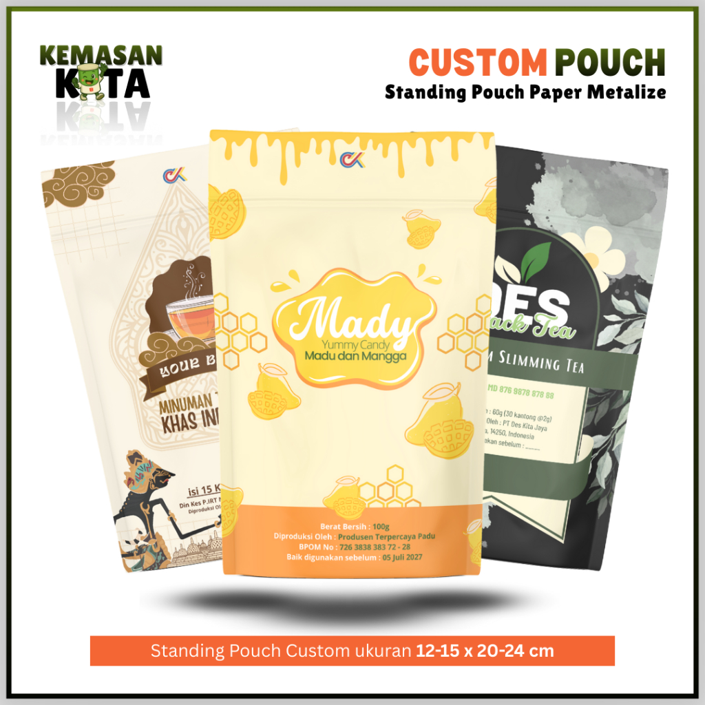 Kemasan Standing Pouch Paper Metalize Custom Full Printing Berbagai Macam Ukuran 12-15 x 20-24 cm FR