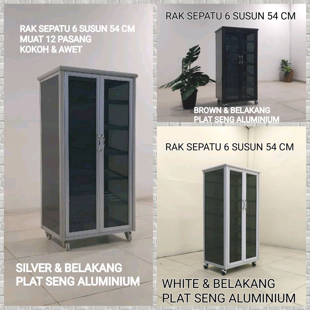 RAK SEPATU ALUMINIUM 6 SUSUN 54x38x108 CM WARNA SILVER COKLAT PUTIH KACA RIBEN DAN BELAKANG PLAT SEN