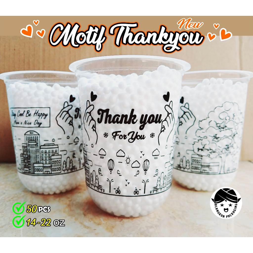 gelas cup plastik MOTIF THANKYOU NEW 14oz 16oz 18oz 22oz oval datar/ cup boba / sedotan boba bubble