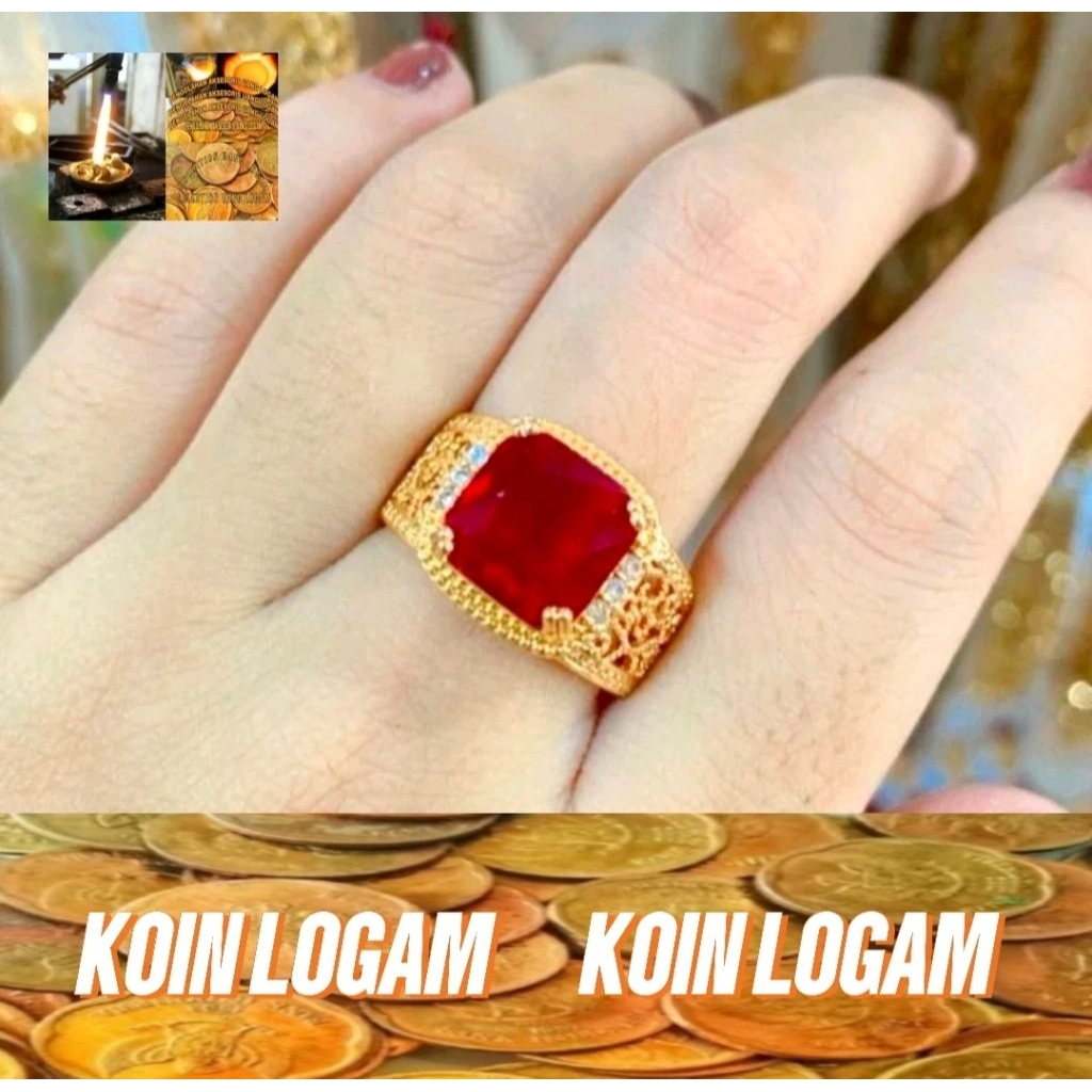 Cincin Giok Merah Permata Kotak Anti Karat Koin 91 Ori Perhiasan Wanita Elegan Lapis Emas Terbaru