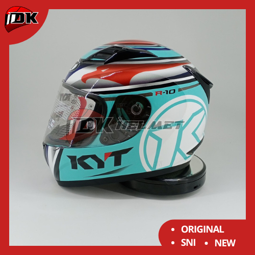 Helm KYT R 10 Aqua Aquamarine Flat Visor & Pinlock Ready Blue Red Fluo White Full Face R10 Biru Muda