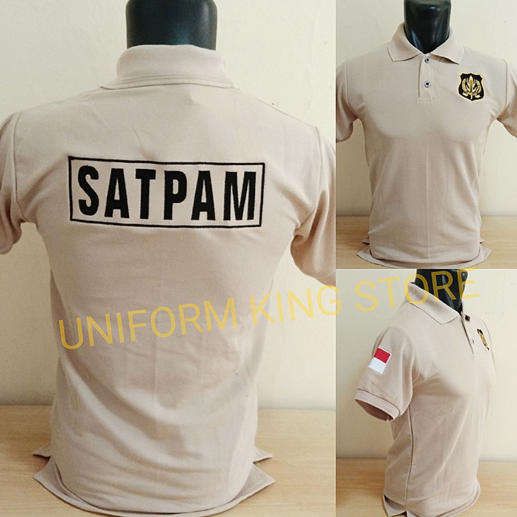 KAOS SATPAM KREM LOGO KUNING FULL BORDIR - KAOS KERAH SATPAM KREM BORDIR