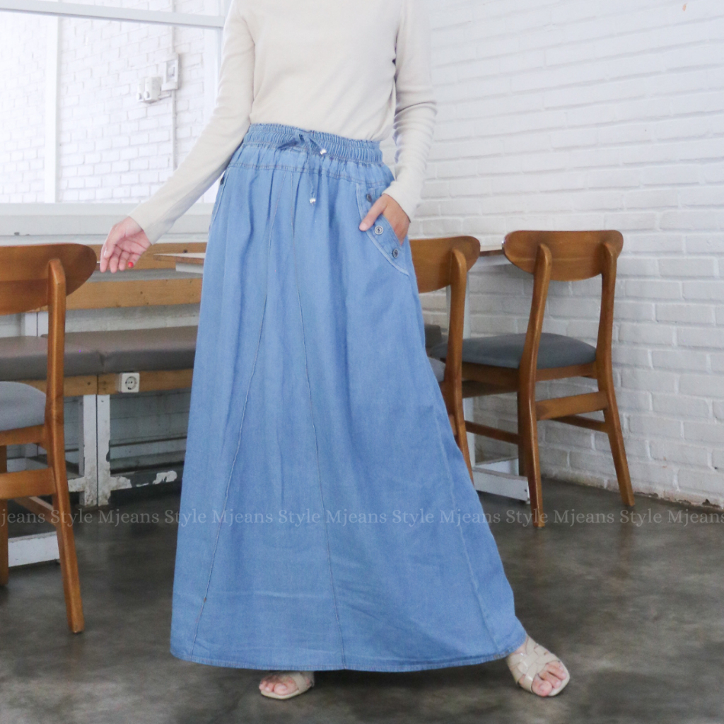 Mjeans Style - Rok Jeans Panjang Wanita Rok Jeans Terbaru Pinggang Karet korean style Jumbo Hitam Da