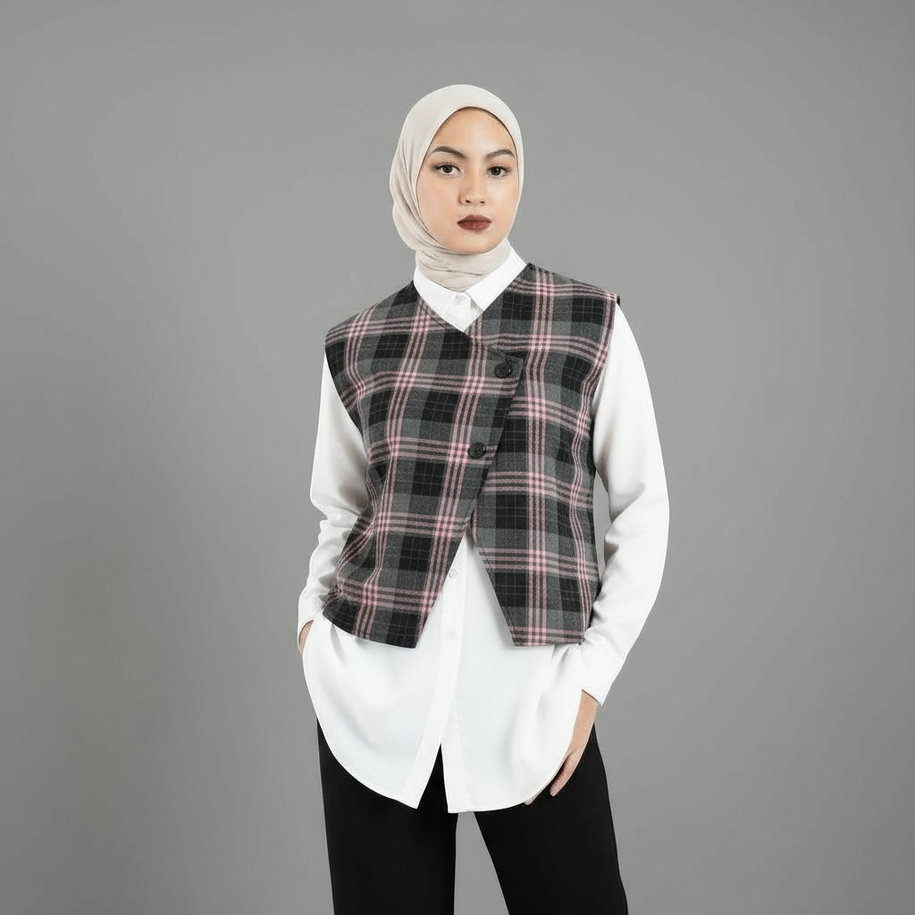 Nuna Vest Basic Wanita / Outer Kotak Kotak Vest Flanel Atasan Wanita Crop Nuna Vest Tanpa Inner