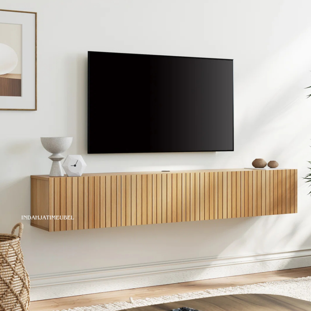 Rak TV Gantung Bufet TV Dinding Kabinet Bronx Floating Salur Kayu Jati Solid