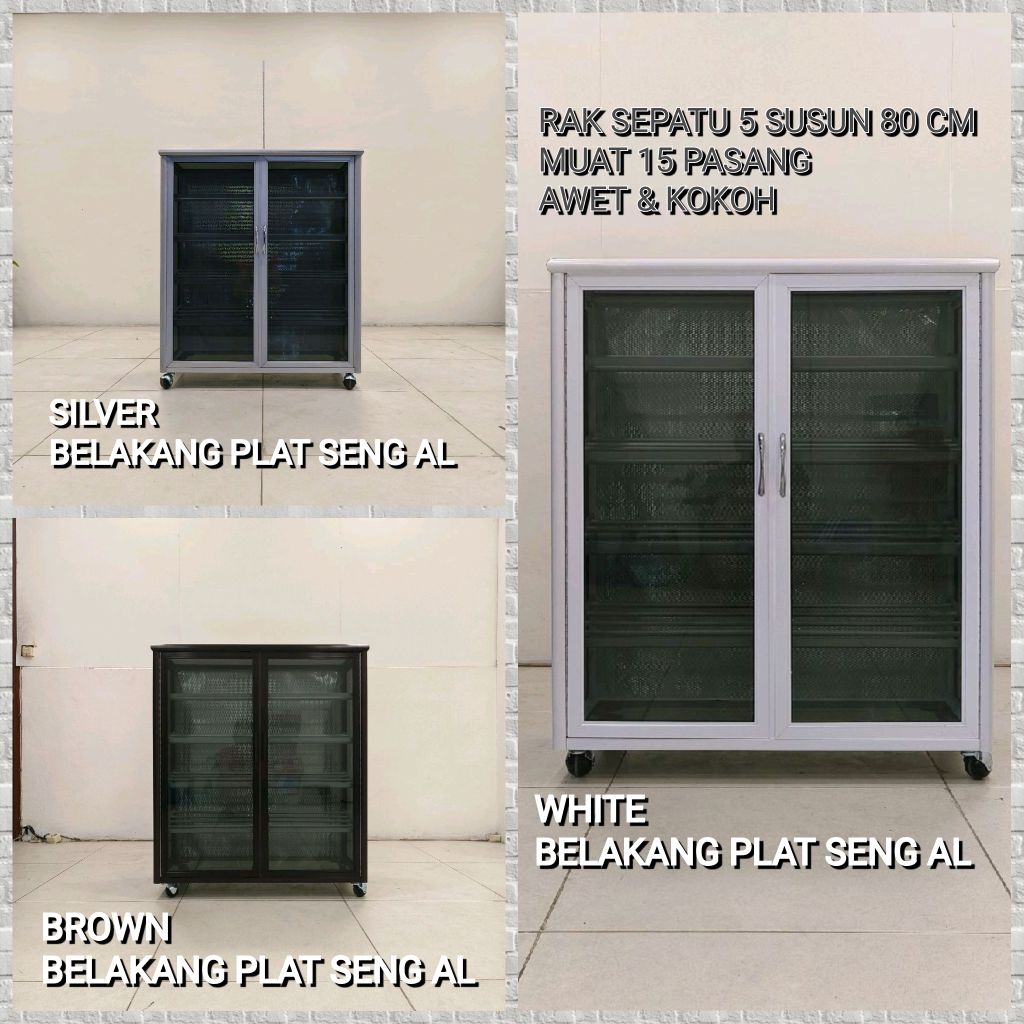 RAK SEPATU ALUMINIUM 5 SUSUN 80x38x94 CM WARNA SILVER COKLAT PUTIH KACA RIBEN DAN BELAKANG PLAT SENG