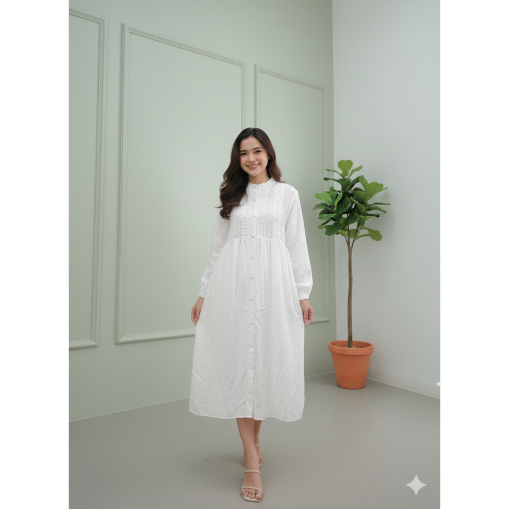 Tunik Putih Katun Bordir Renda Embroidery Bolong Wanita Polos Bahan Embos Premium Gamis Adem & Elega