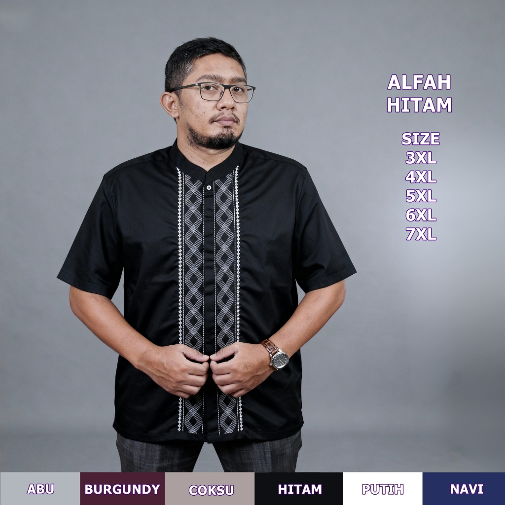 Baju Koko Jumbo 3XL sampai 7XL Terbaru dengan Bordir untuk Ukuran 3XL-7XL Alfah Hitam