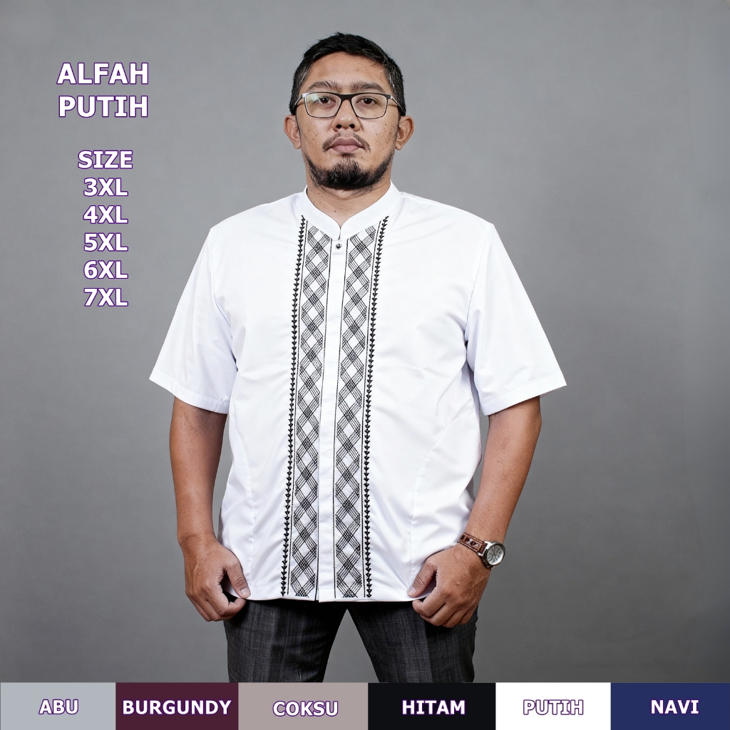 Baju Koko Jumbo 3XL sampai 7XL Terbaru dengan Bordir untuk Ukuran 3XL-7XL Alfah Putih