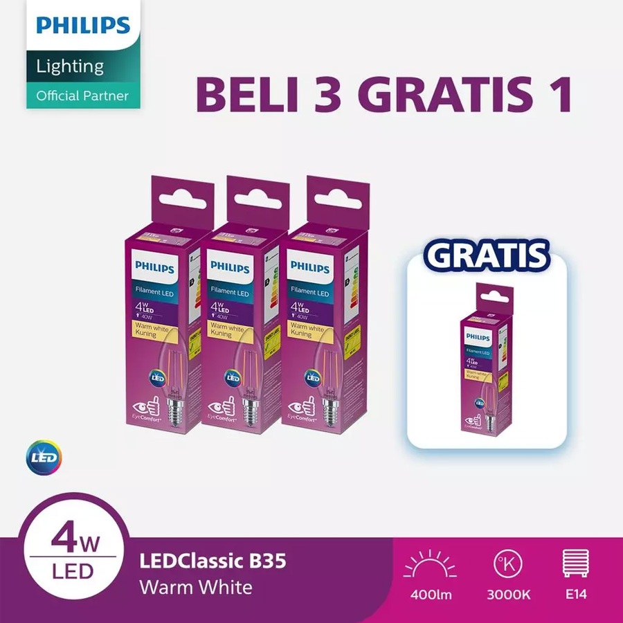 Paket Philips 3 Free 1 Lampu Bohlam Philips Filament LED Classic 4W B35 E14 Kuning