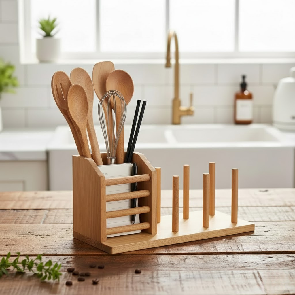 Rak Sendok Kayu Pinus Tempat Sendok Gelas Piring Aesthetic Serbaguna