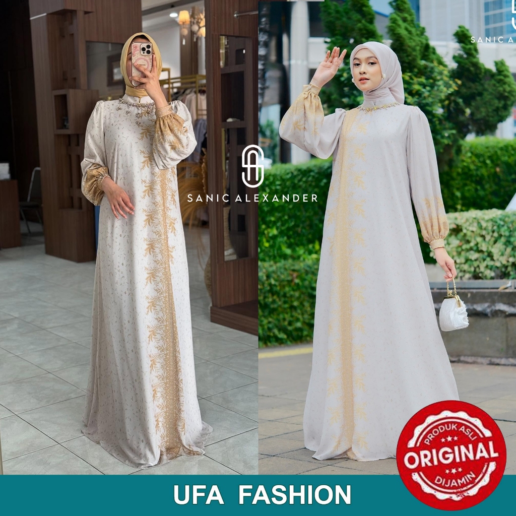 SANIC ALEXANDER Meera Abaya Cream mix kuning -- kain Saten Premium & Sifon Motif premium, PO 1 Bulan
