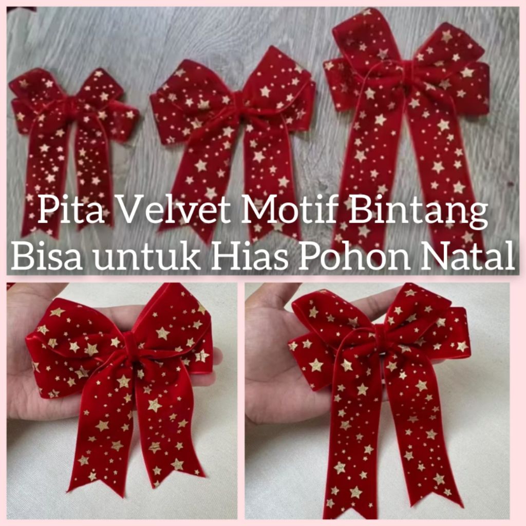 Pita Velvet Bintang Pohon Natal | Pita Besar Hiasan Natal | Dekorasi Pohon Natal | Pita Jadian Velve