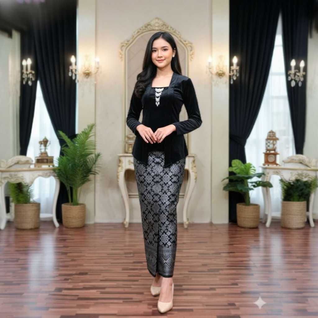 Setelan Kondangan Mewah – Beludru Atasan & Rok Lilit Songket Elegan
