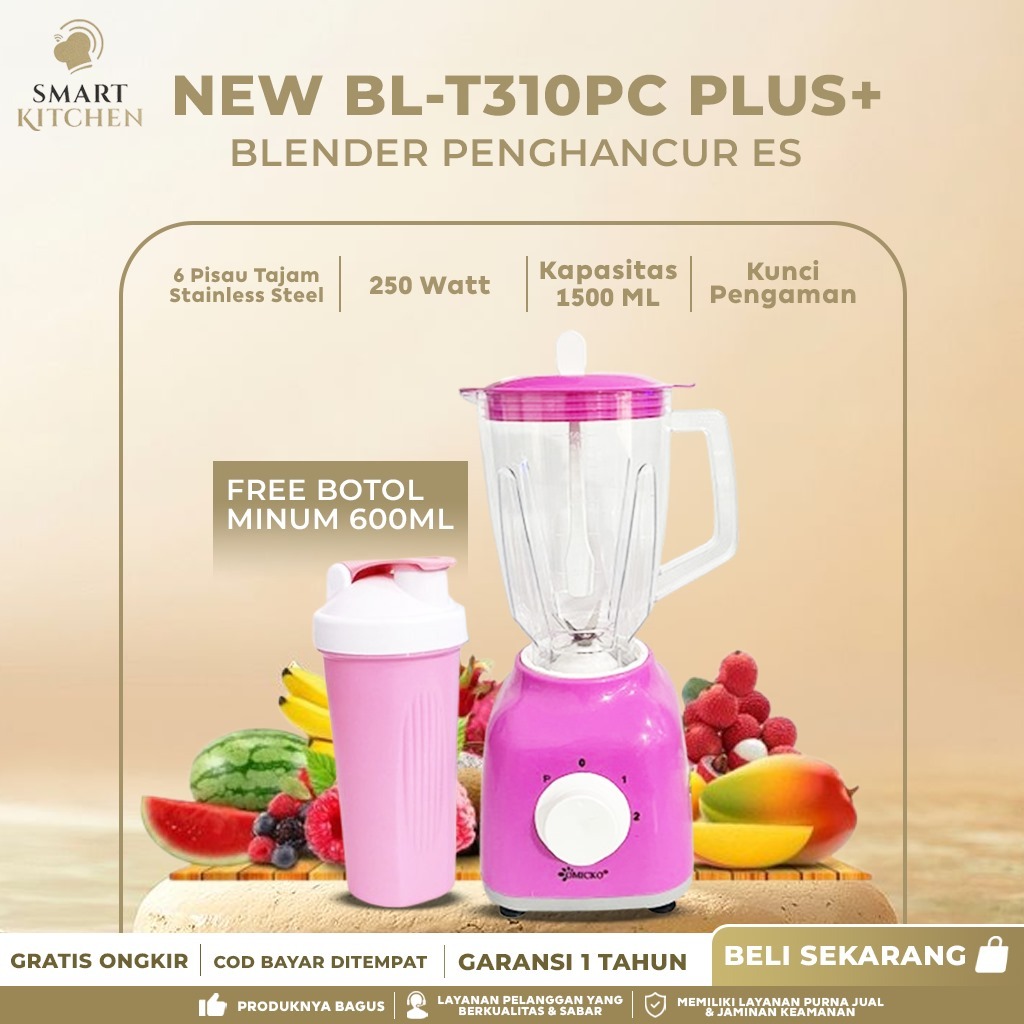 OMICKO Blender Serbaguna Warna Pink BL-T310PC — Penghancur Es, 6 Pisau Stainless, 1000ml, 190W