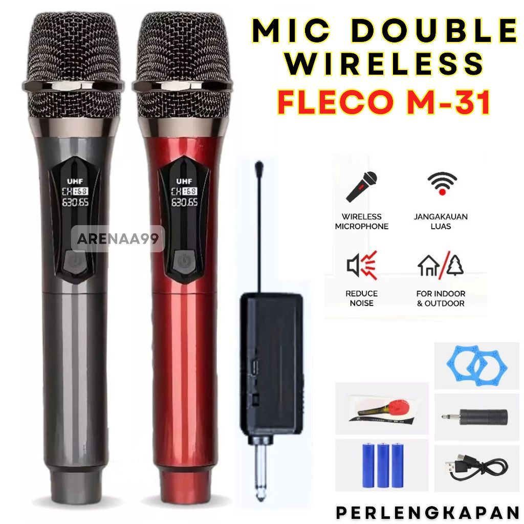 Double Mic Wireless Profesional Microphone mic tanpa kabel Fleco M-31 | Mic Microphone Karaoke Profe