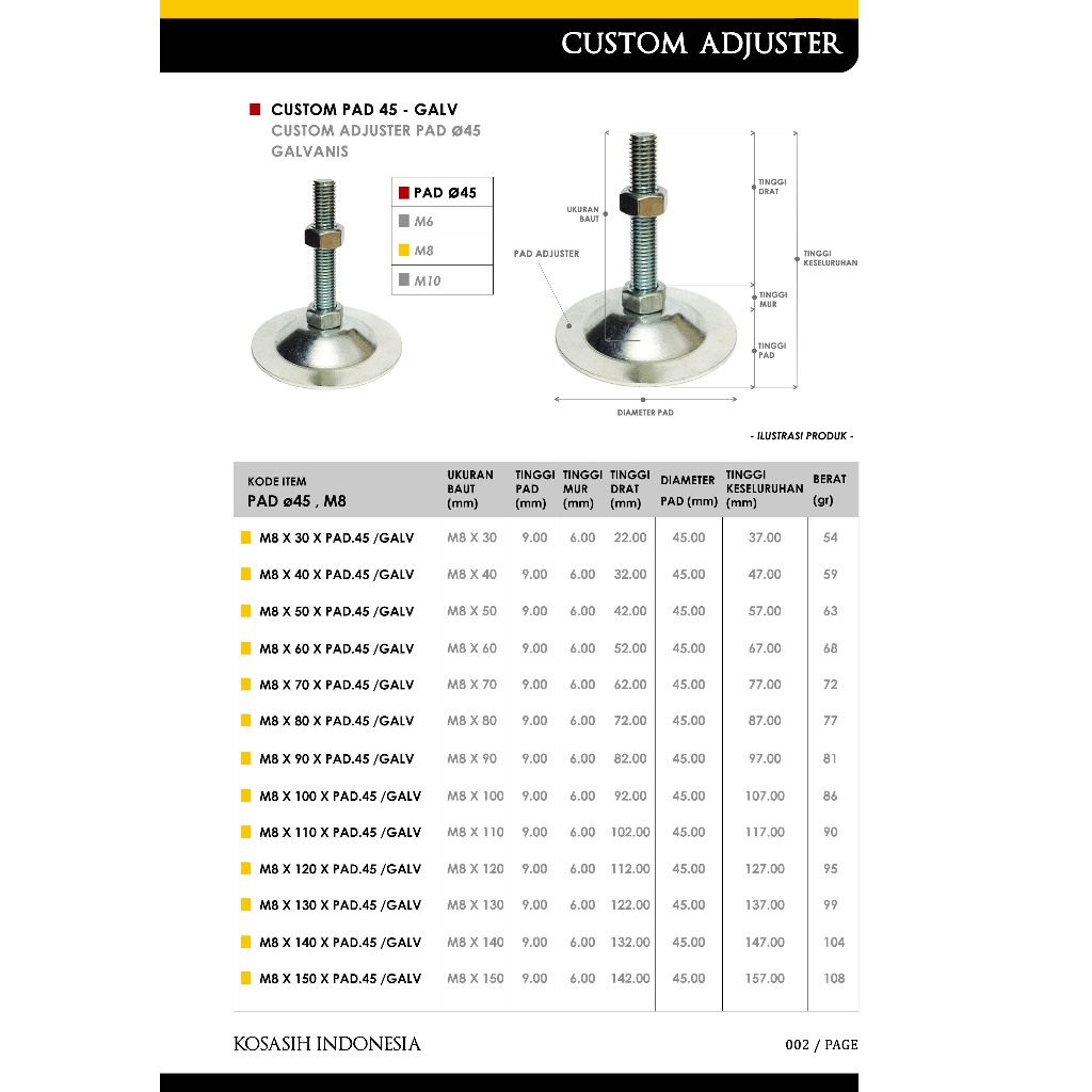 ADJUSTER FOOT M8 X 150 PAD 45 GALVANIS