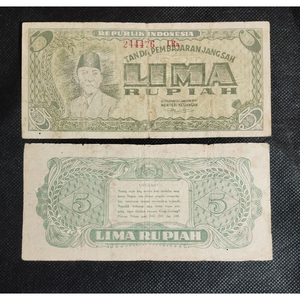 5 rupiah ORI  thn 1947 bekas beredar sesuai foto asli langka