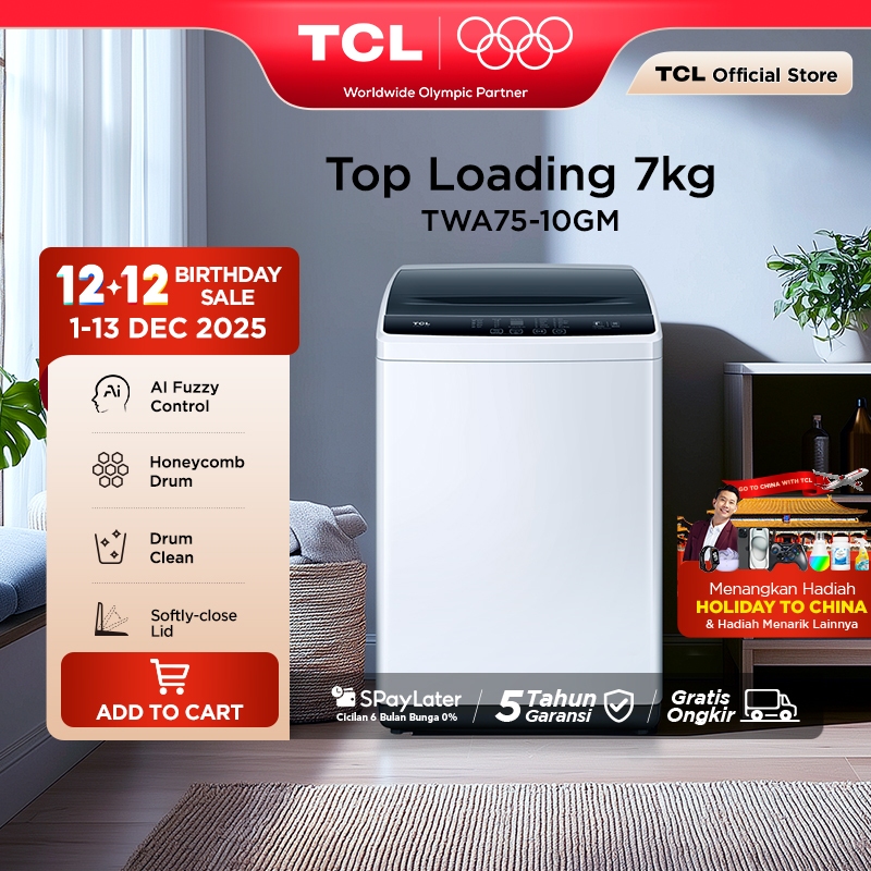 TCL Mesin Cuci 1 Tabung - Top Loading 7 KG - Honeycomb Crystal Drum - Auto Cleaning - Eight Wash Pro
