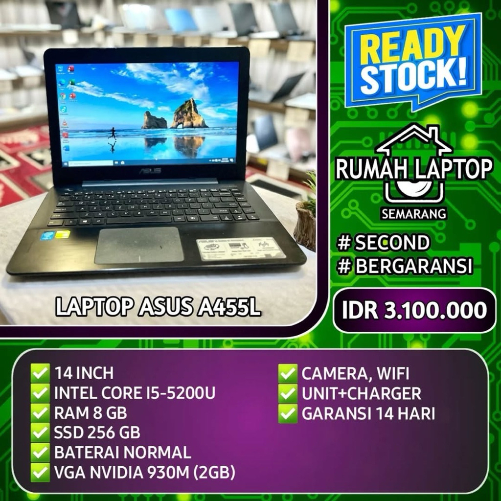 Laptop Asus A455L (second). Intel Core i5-5200U. RAM 8 GB. SSD 256 GB. Vga Nvidia Geforce 930MX (2GB