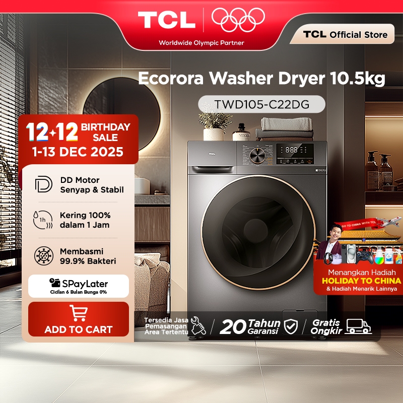 TCL Mesin Cuci Front Loading Washer Dryer 10.5 kg - 100% Kering - Bakteri Hilang 99% - 16 Mode Cuci 