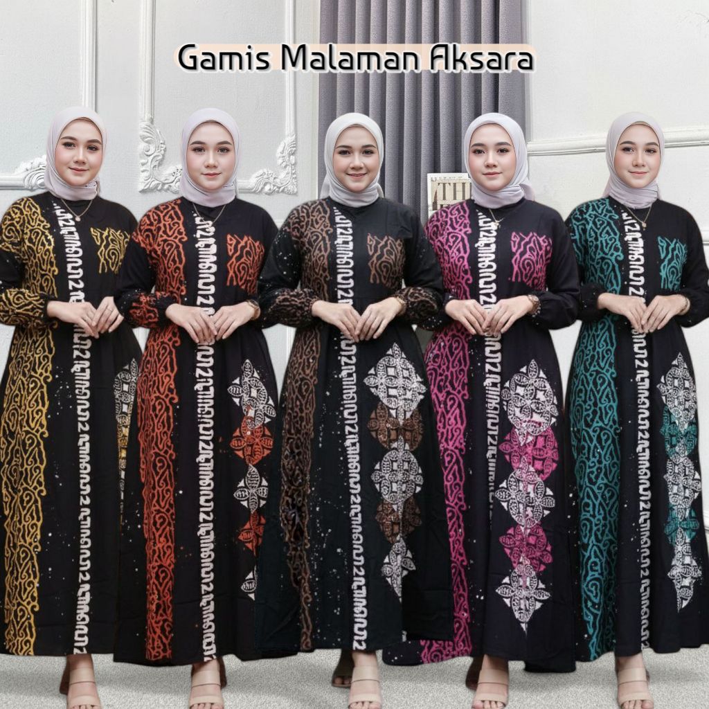 Gamis Rayon Twill Cap malaman M L XL XXL Jumbo Motif aksara jawa Bahan Rayon super | Gamis Batik Hit