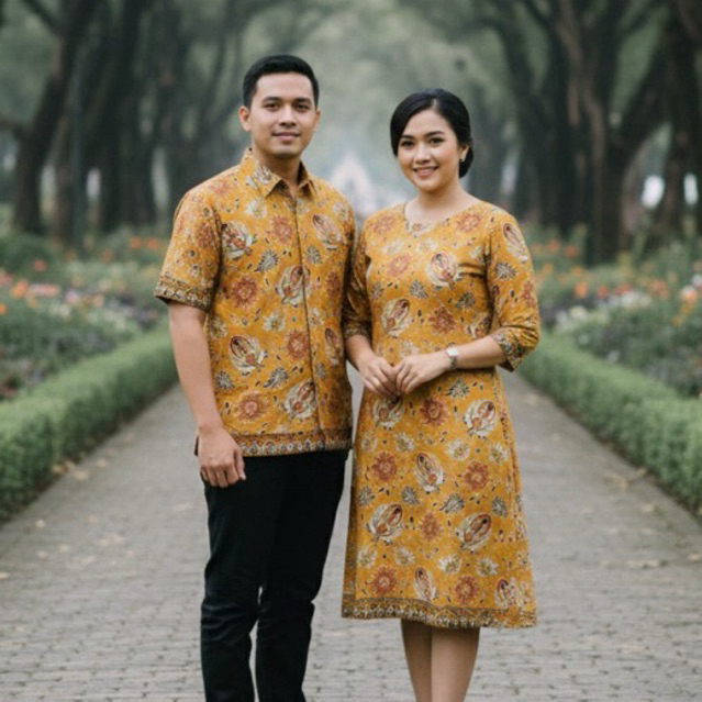 Kain Katun - Sarimbit Batik Premium Couple Mega Cakra Buana Kuning | Hem Pria & Dress Wanita Elegan 