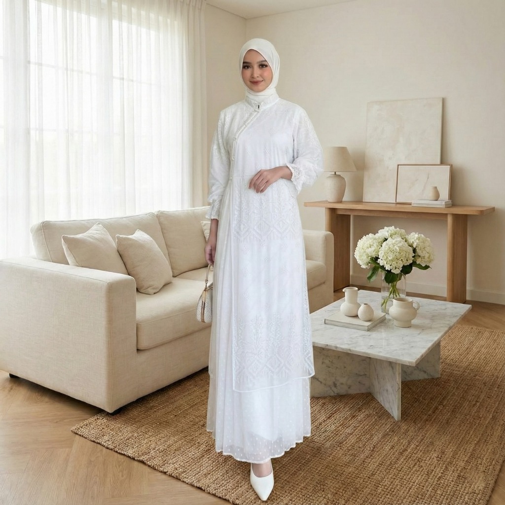 Mahira Dress Putih Velvet Mix Brukat | Gamis Akad Nikah Mewah M L XL | Baju Manasik Premium