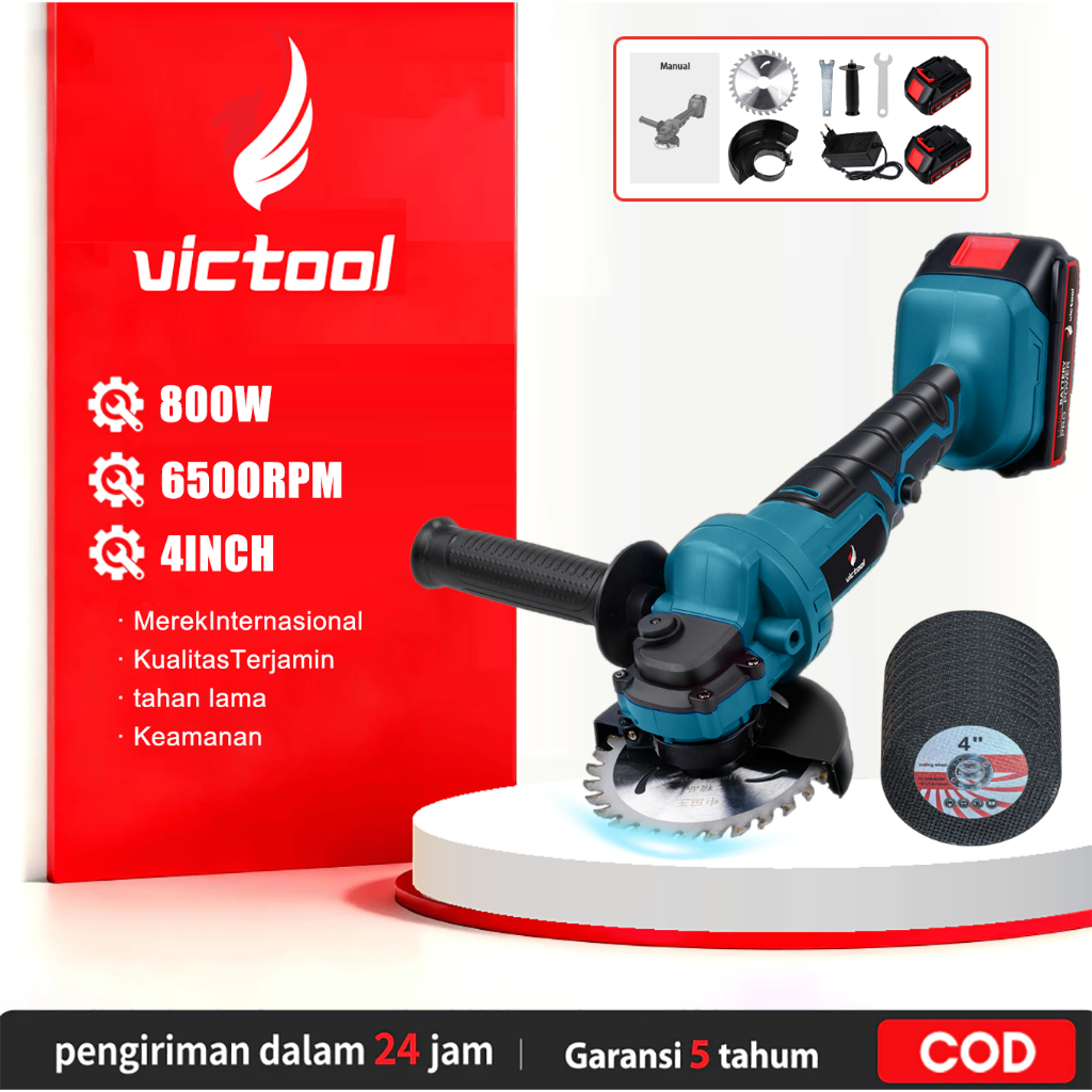 Victool 800W Gerinda Baterai Gerinda Cordless Gerinda Cas Gerinda Tangan Baterai Angle Grinder Gerin