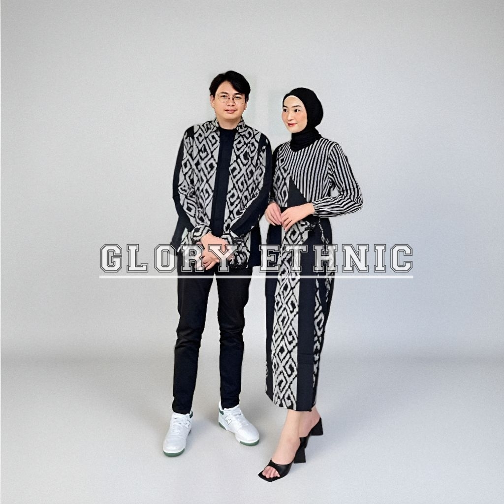 Couple Tenun Lurik Marline Monokrom Premium Sarimbit Modern Elegan Black White