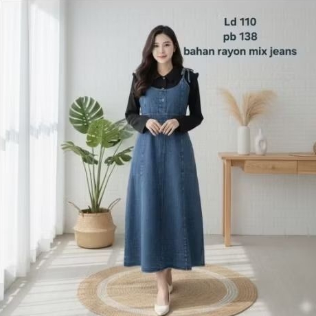 Gamis jeans wanita tali mix rayon dan jeans bisa cod