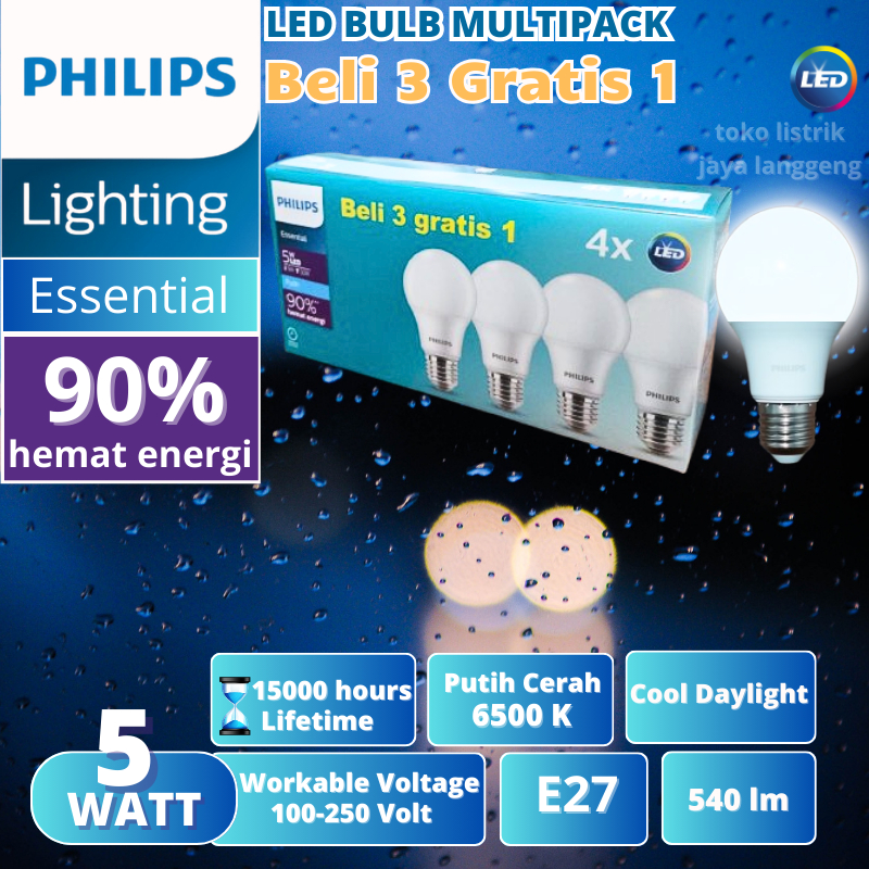 Lampu Philips LED Essential 5W Putih Philips 5 Watt Multipack Paket 3+1 Asli Bergaransi