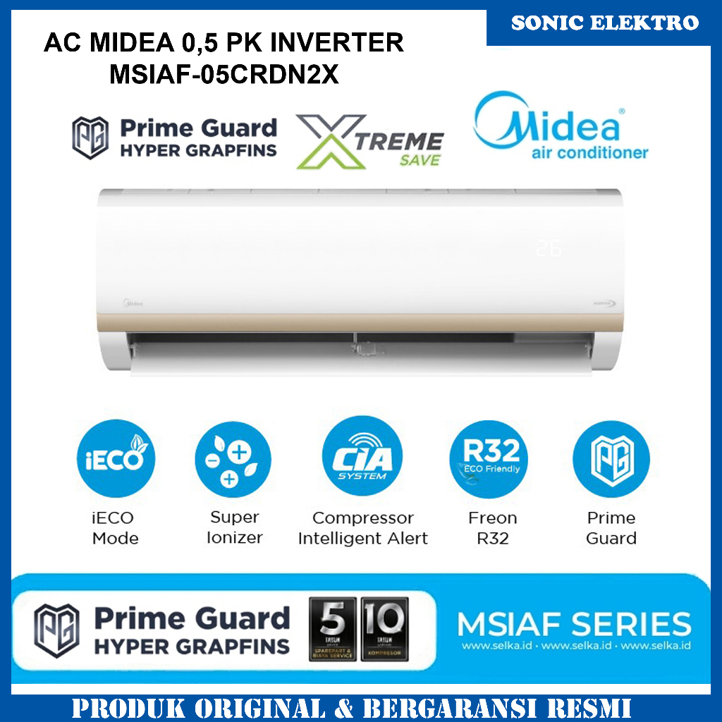 Midea AC Inverter 1/2 PK MSIAF-05CRDN2X - iECO Mode - Follow Me - Super Ionizer - Self Cleaning