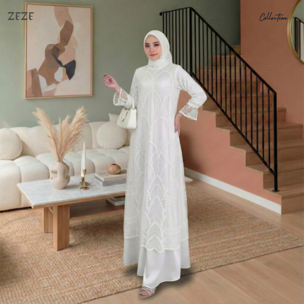 Zeze-Allea Dress Gamis Silk Brokat Premium Broken White Abaya Maxy Brukat Mewah Terbaru