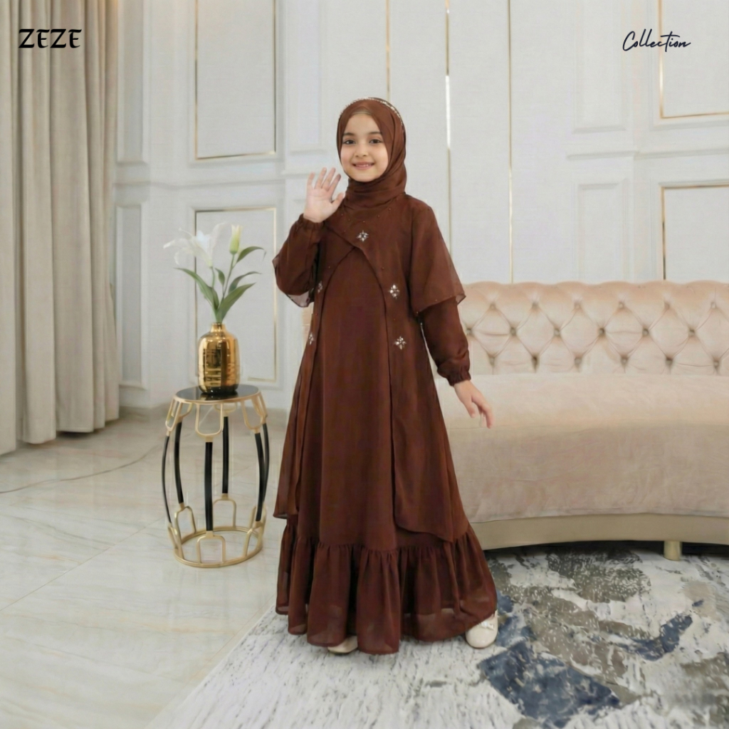 Zeze - Satu Set Zhena Dress Anak Warna Mahoganny Kerudung Dan Gamis Ceruty Babydoll Payet Mutiara Su