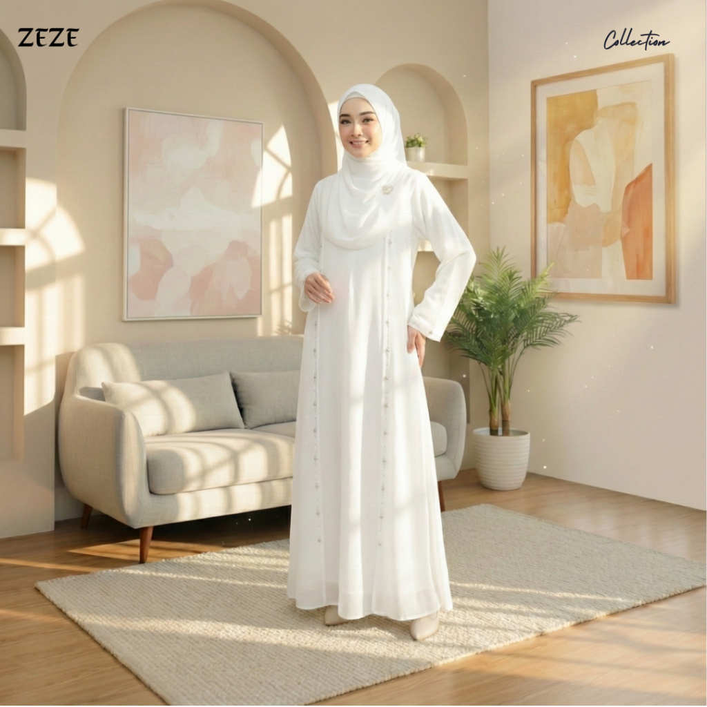 Zeze - MAHREEN ABAYA ceruty Babydoll Full Furing Aksen Payet Mutiara Gamis Mewah Bandung Warna Putih