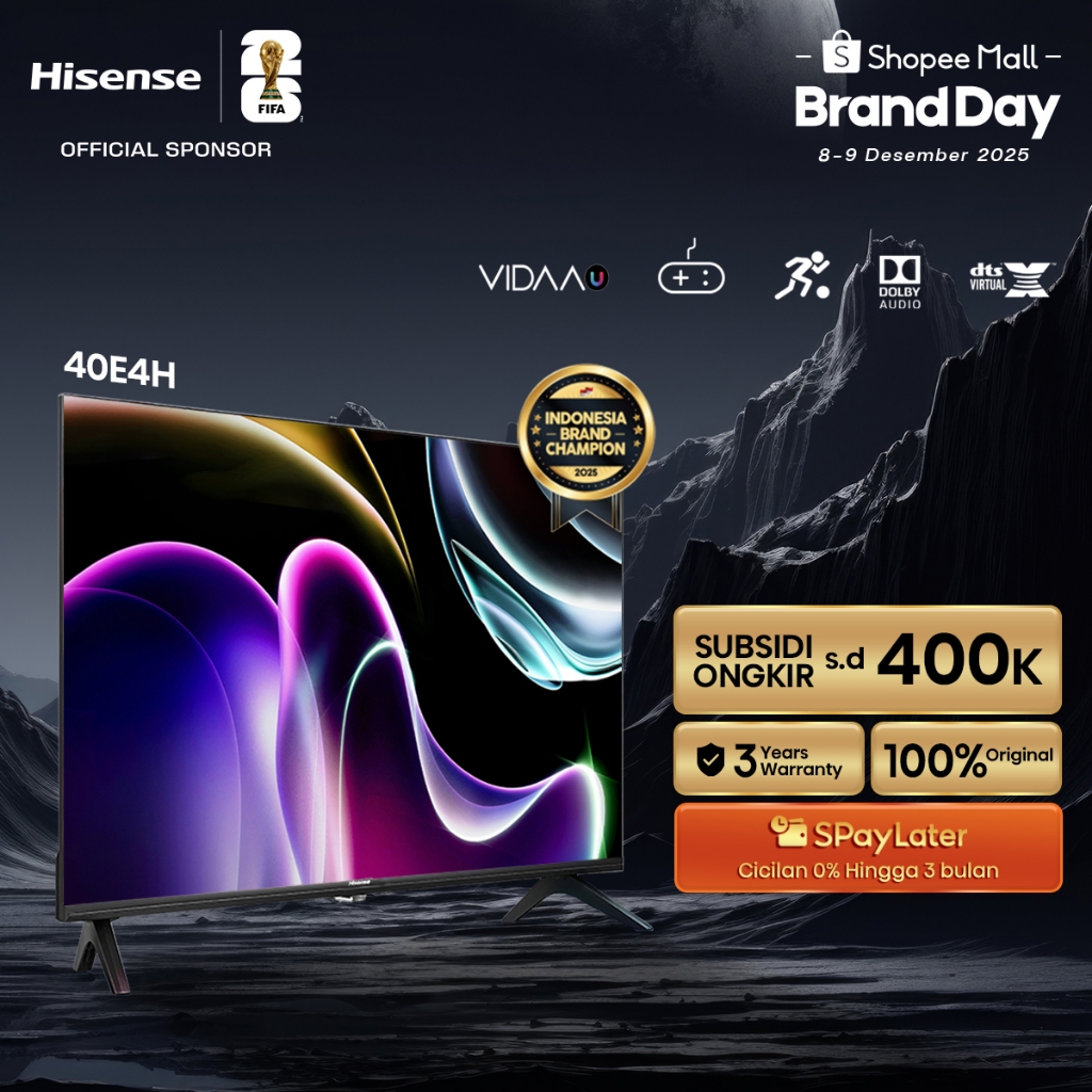(PACKING KAYU) Hisense TV 40E4H Vidaa Smart Digital TV 40 inch FHD Desain Bazelles DTS V X & Dolby A