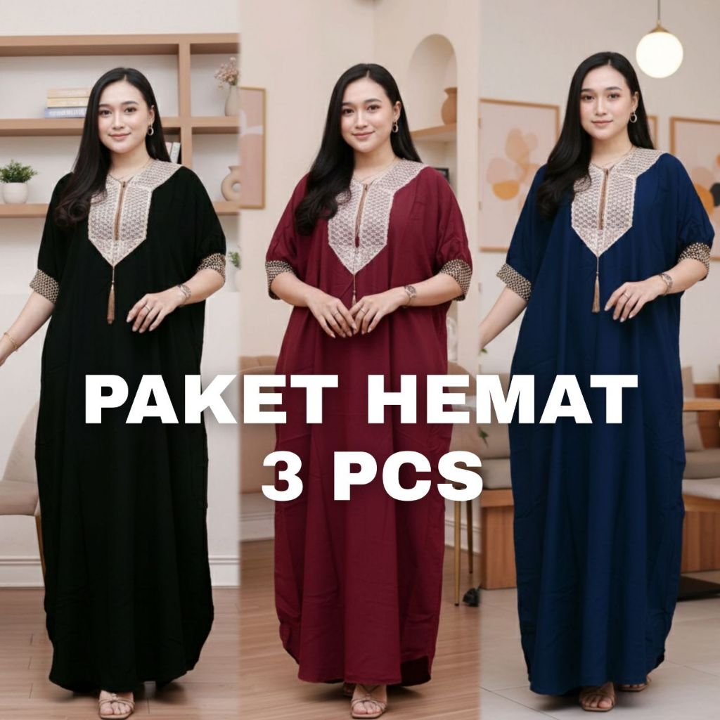 3 PCS PAKET HEMAT Kaftan Cassandra Renda Premium Rayon Super Tebal Adem Jatuh • Kaftan Polos Elegan 