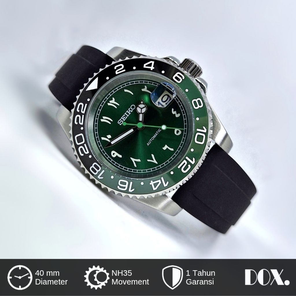 Jam Tangan Seikomod Submariner Arabic Green NH35 Automatic Seiko 40mm Kaca Sapphire Strap Rubber Bez