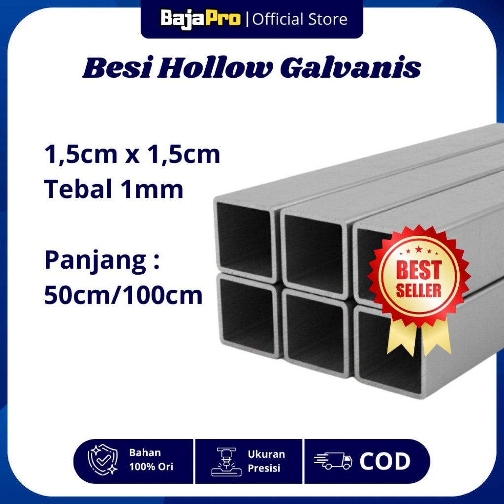 Hollo Galvanis 1,5cm x 1,5cm Tebal 1 mm– Panjang 50cm / 100cm – Besi Hollow Galvanis Per Potong