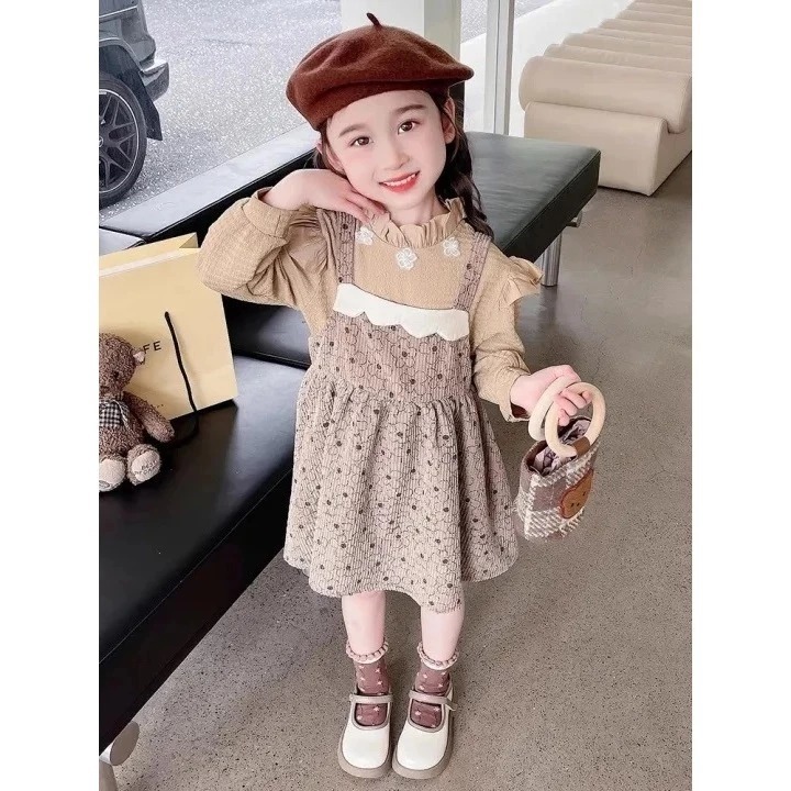 Dress Import Anak Perempuan Usia 1-4 Tahun | Dress Flower 2in1 Model Baju Dalaman Waffle Lengan Panj