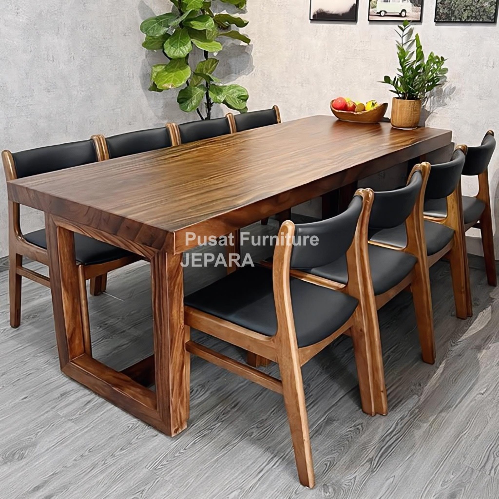 Set Meja Makan Minimalis Kayu Solid 8 Kursi Jok Kulit Hitam Modern - Dining Set 8 Seater