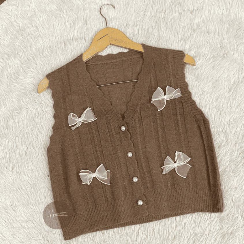 Haseena Vest Knit Nadeera Pita Timbul Empat Rompi Rajut Halus V Neck Outfit Luaran Kekinian
