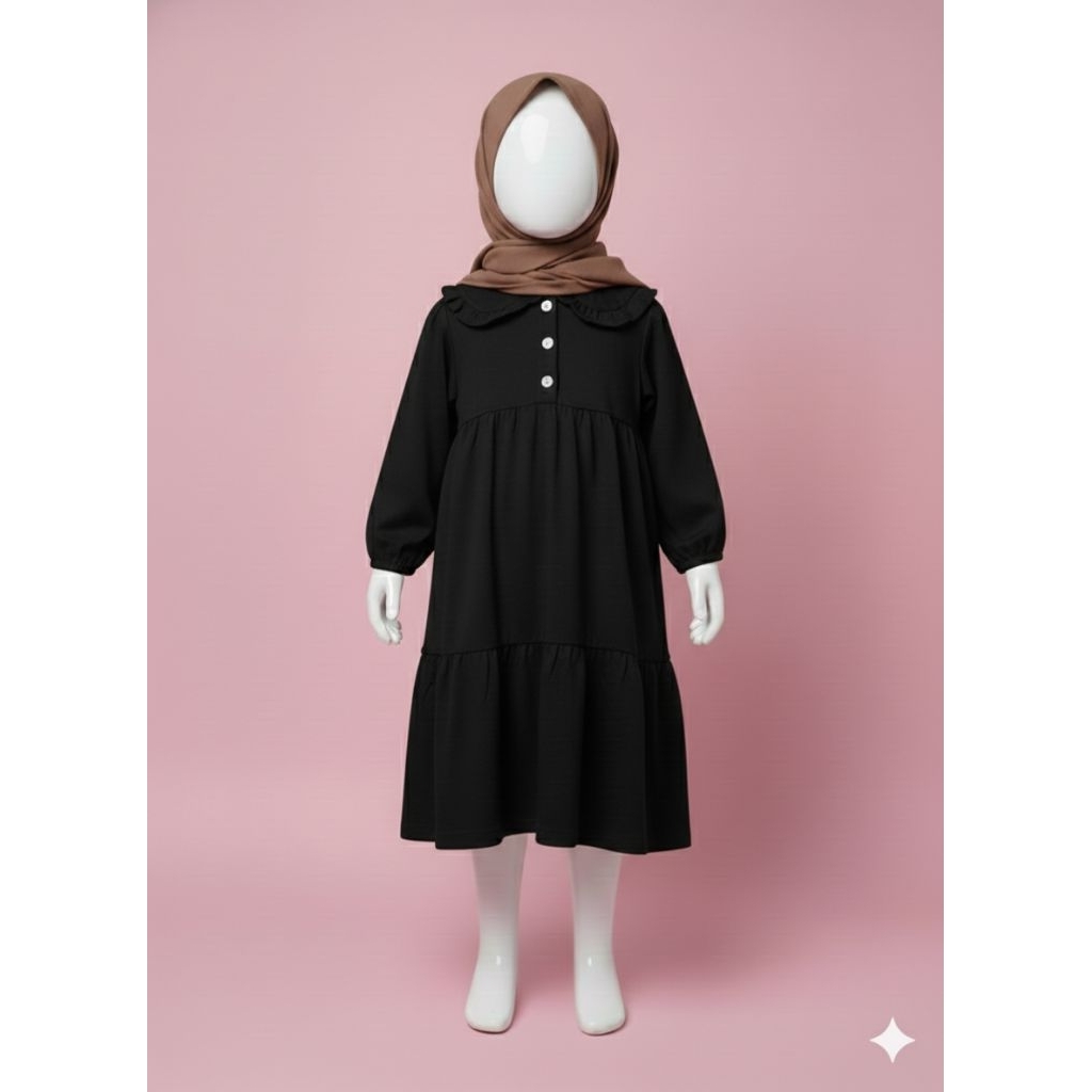 Zahra long dress BLACK - gamis hitam anak perempuan bahan rayon twill premium fashion muslim anak