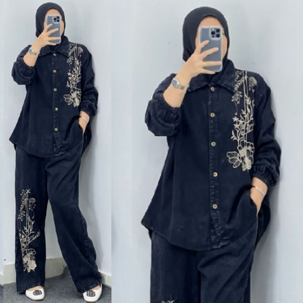 Setelan Wanita Jeans Bordir Premium Ukuran Big Size XXL/Set Jeans Wanita Washing Premium  Kekinian M