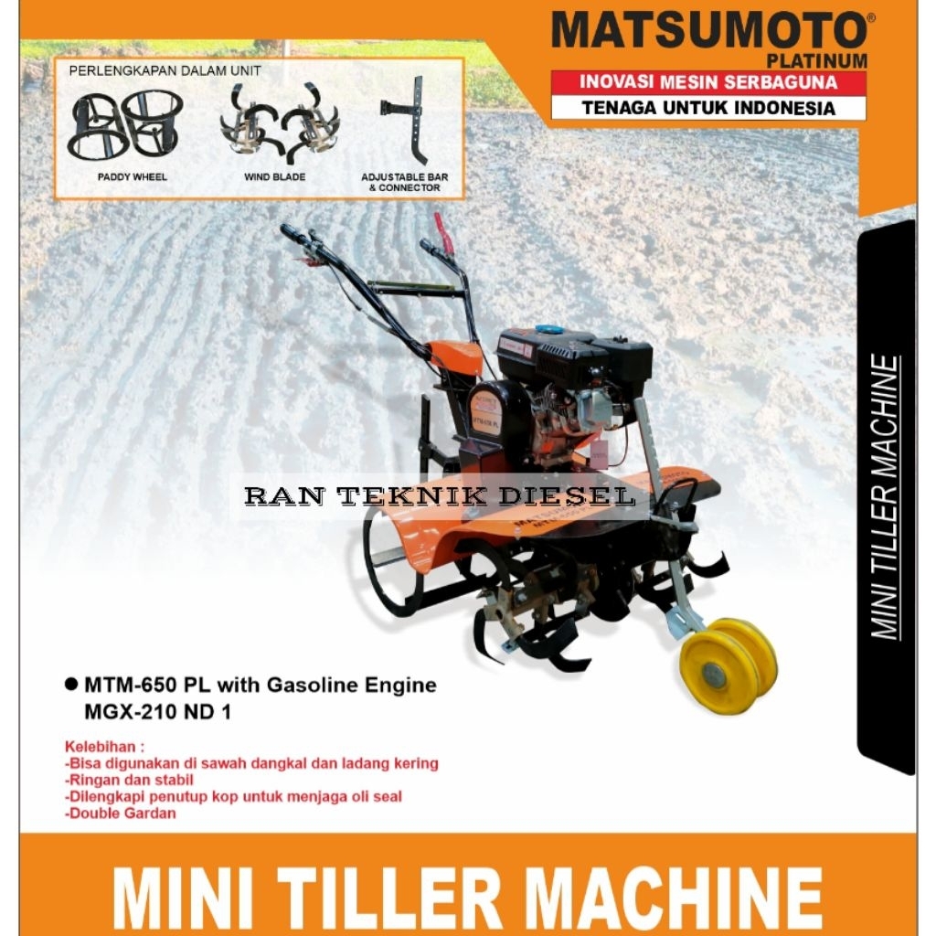 Mesin Traktor Mini Tiller Machine MATSUMOTO MTM 650 PL + Mesin Bensin 8 HP