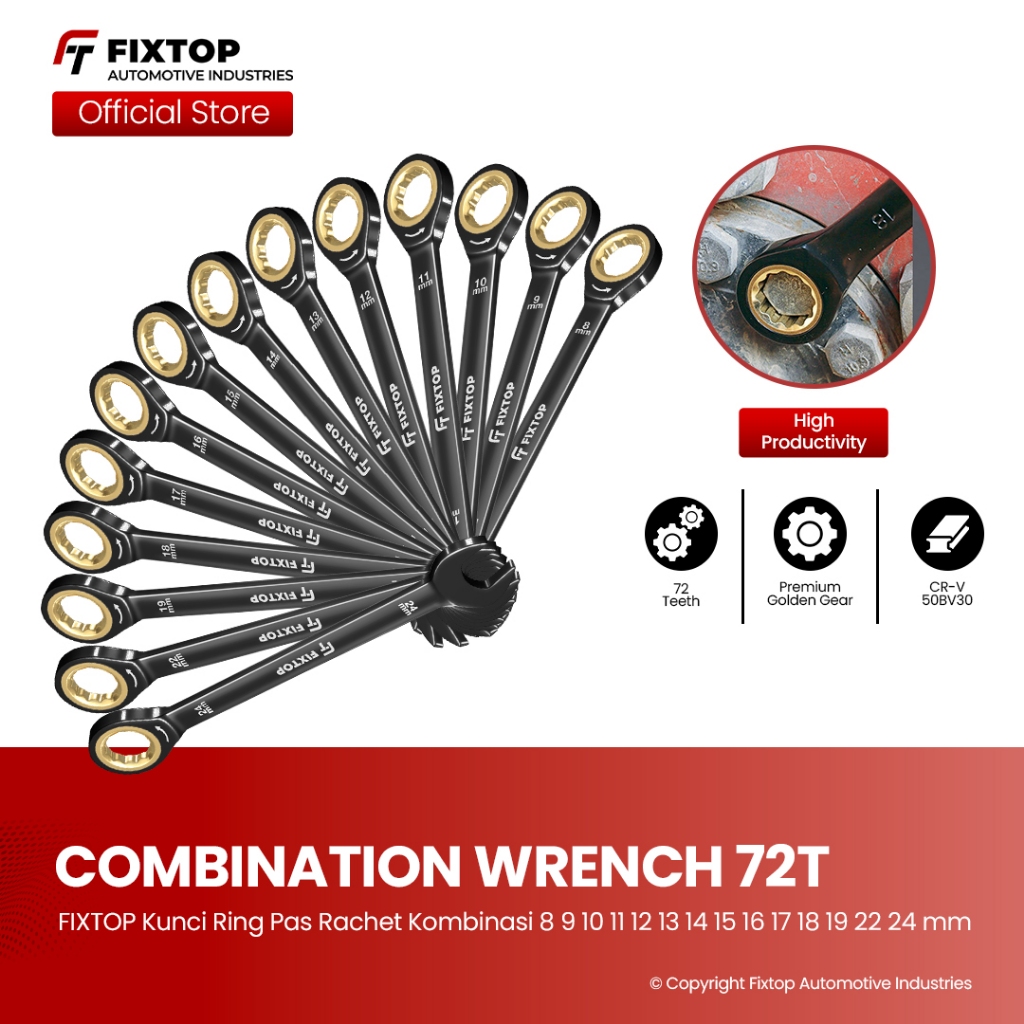 FIXTOP Kunci Ring Pas Ratchet 8-24mm Kombinasi 72T Kunci Ring Pas Rachet Bolak Balik Multifungsi
