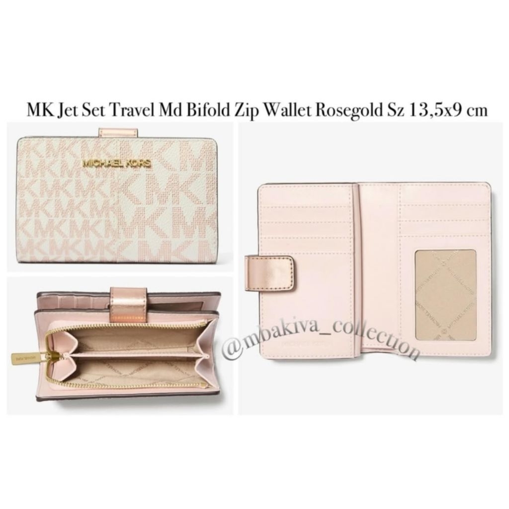 MK Jet Set Travel Md Bifold Zip Wallet Rosegold