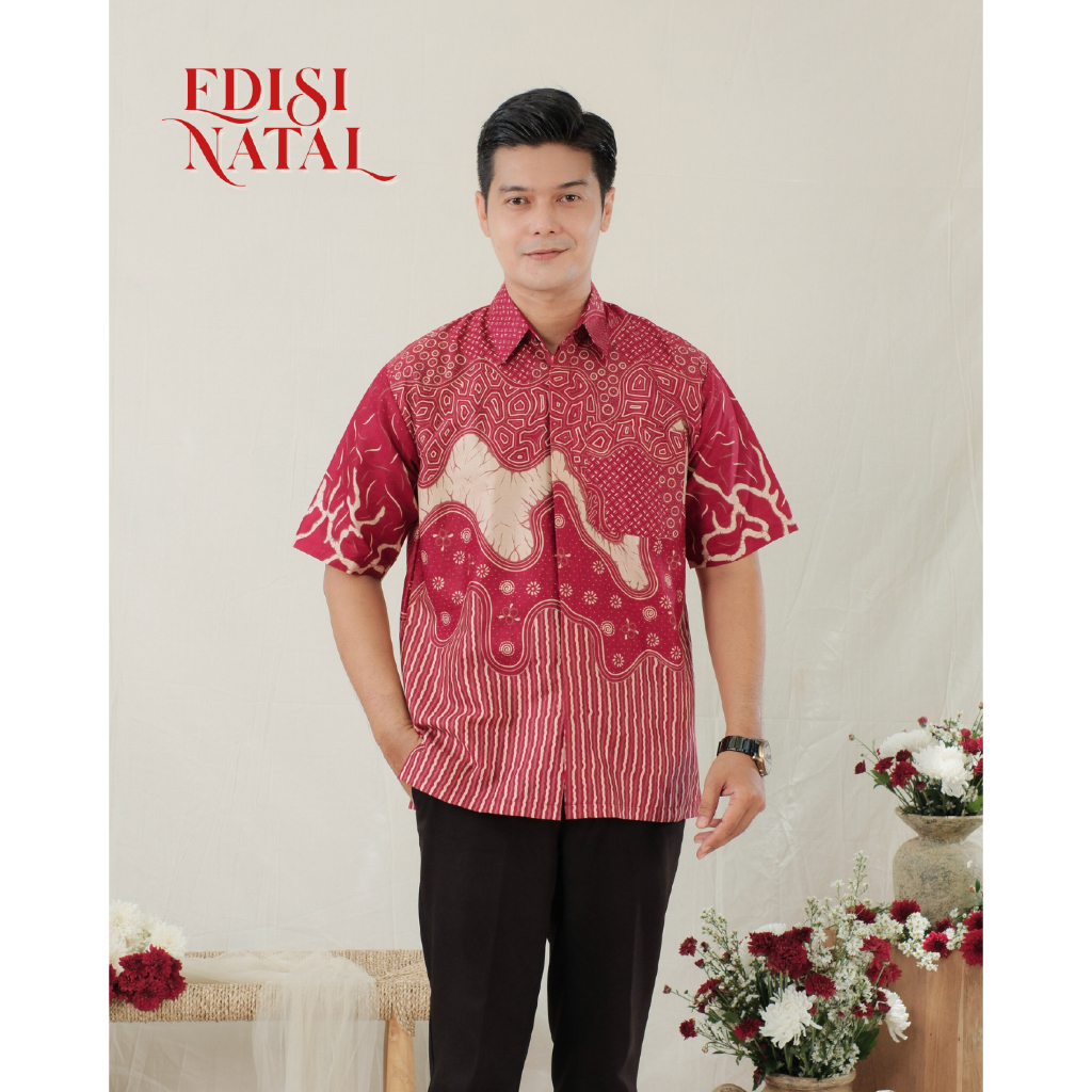 [SPESIAL NATAL] Batikid — Kemeja Pria Lengan Pendek Batik Merah — Baju Batik Natal — Radix Series