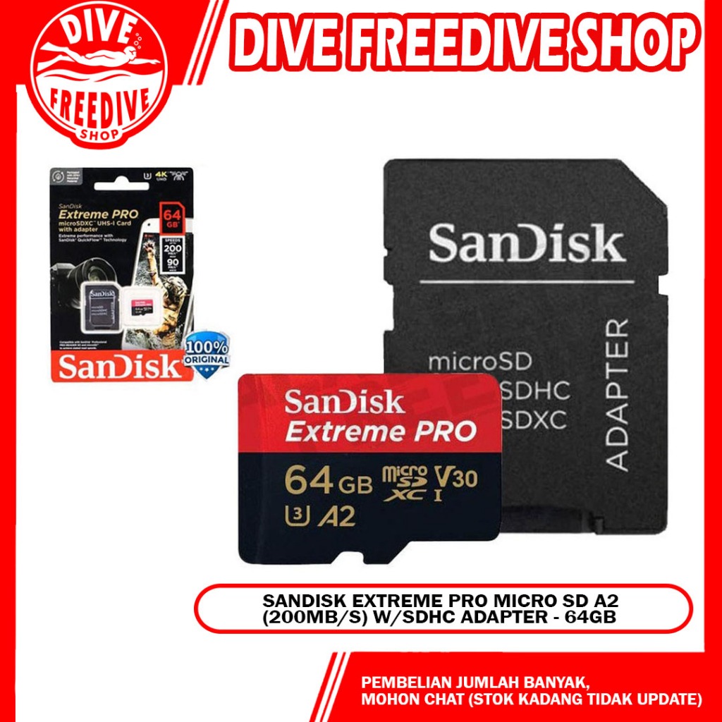 Sandisk Extreme Pro Micro SD Memory Card Camera Selam Scuba Diving A2 SDHC Adapter 200Mbps 64gb Dive